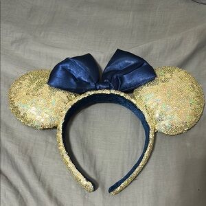 Gold Sequin Mouse Ears Headband with Blue Bow